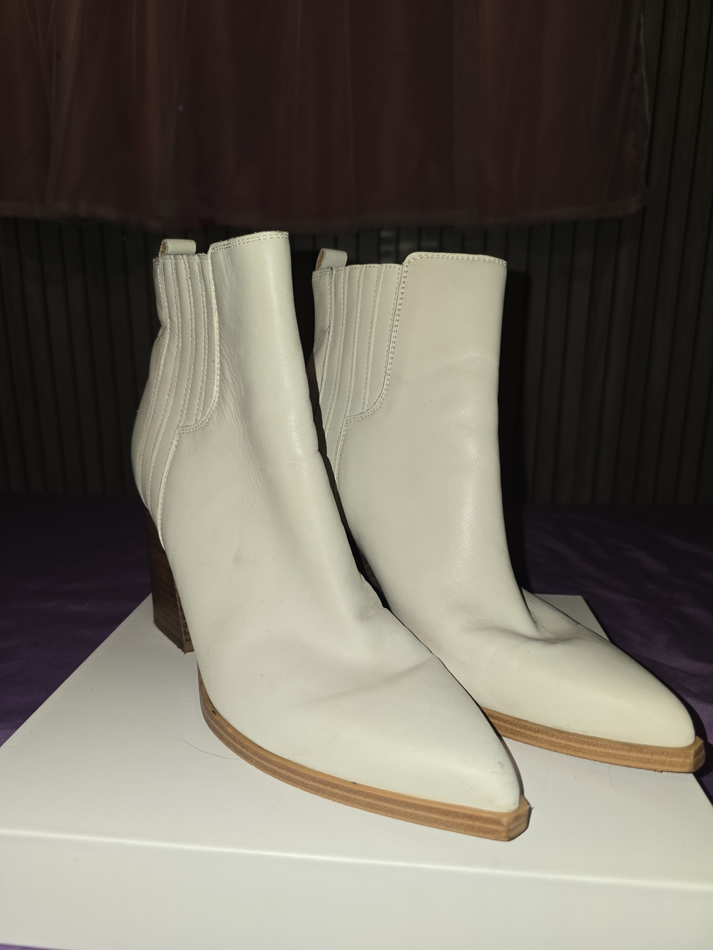 Marc Fisher White Pointed Leather Ankle Booties with Stacked Heel